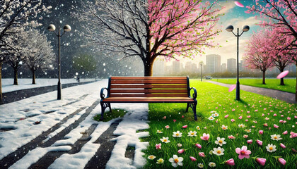Fototapeta premium Winter to spring transition with a wooden bench under snowy and blooming trees symbolizing seasonal change.