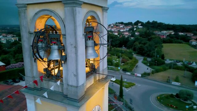 4K Aerial Drone Video of the Bells in the Church Belltower in Cavallasca, Italy on a Summer Evening