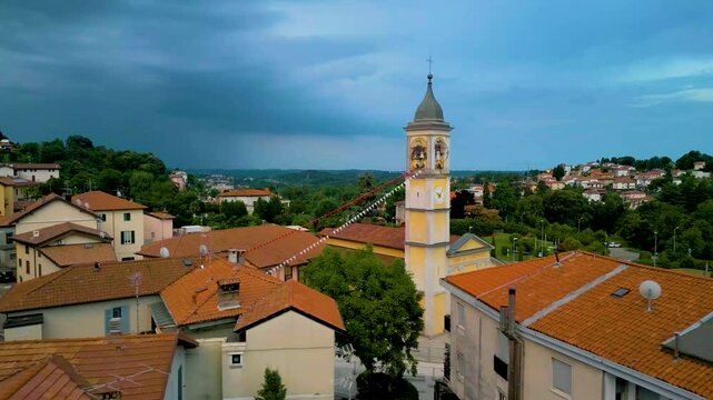 4K Aerial Drone Video of Church Belltower in Cavallasca, Italy on a Summer Evening