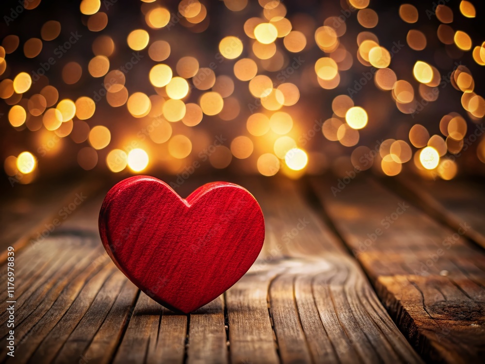 Poster rustic valentine's day: red wooden heart on old brown table with bokeh background - copy space