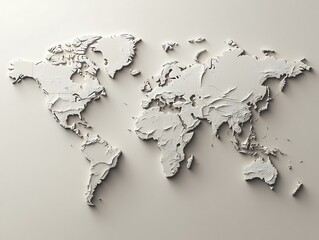 Abstract World Map with Dark Gray Continents, Minimalist Design, and 3D Relief Texture for Modern Graphic Design and Geographical Illustrations