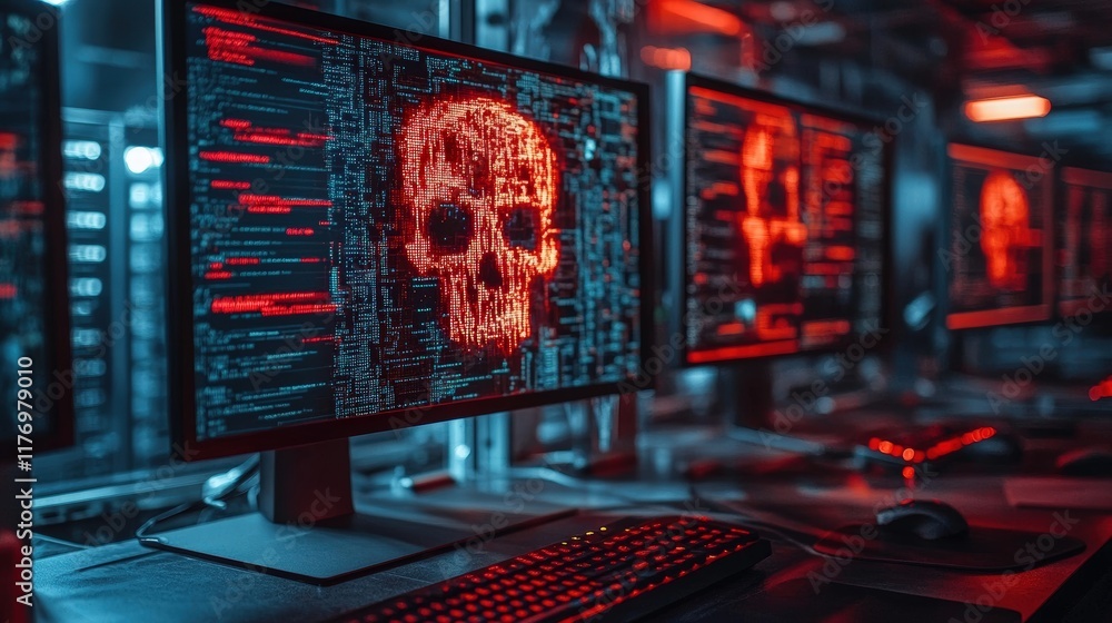 Poster cybersecurity alert on computer screen displaying warning popup with skull image illustrating digita