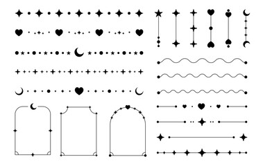 Stars, moons and hearts, line abstract dividers, shapes and lines, frames, decorative graphic elements. Vector sticker set, print, tattoo collection.