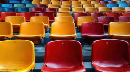 Naklejka premium Vibrant Array of Empty Stadium Seats in Various Colors Creating a Bold and Eye-Catching Composition