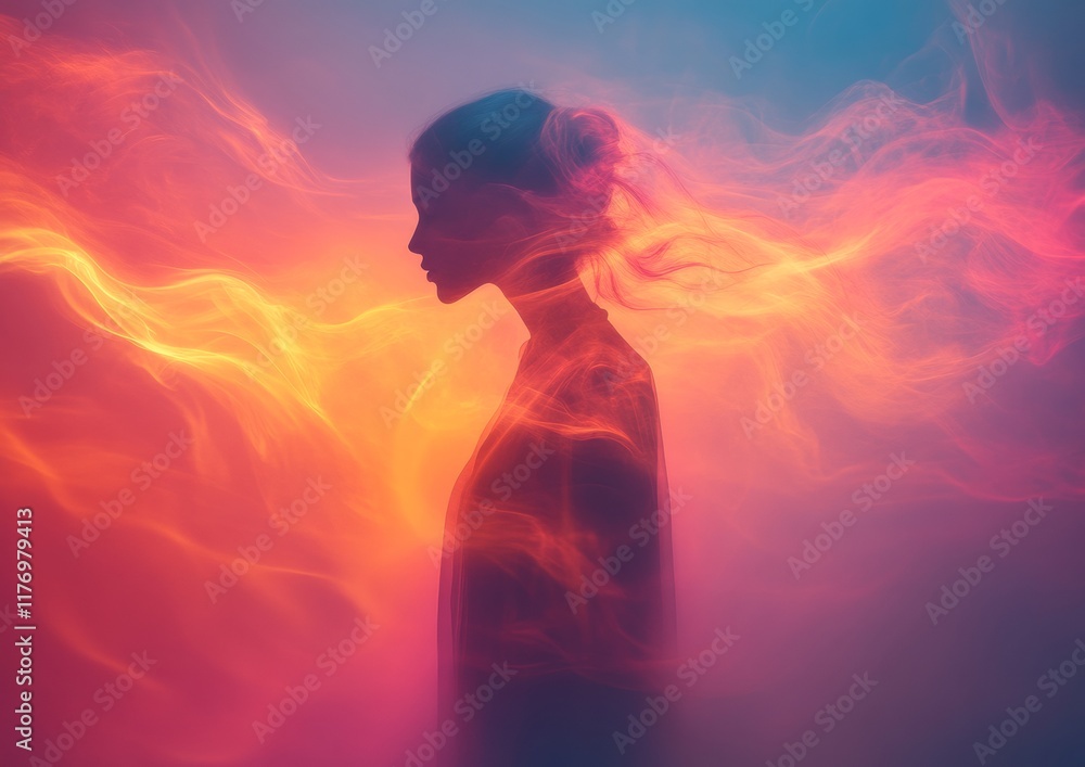 Aufkleber Gradient Fog Silhouette with Ethereal Light Trails in Surreal Pastel Scene