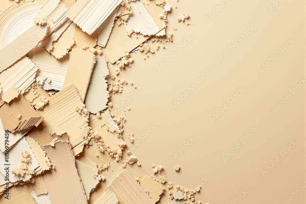 Poster Beige abstract composition with textured paper fragments scattered on a light background.