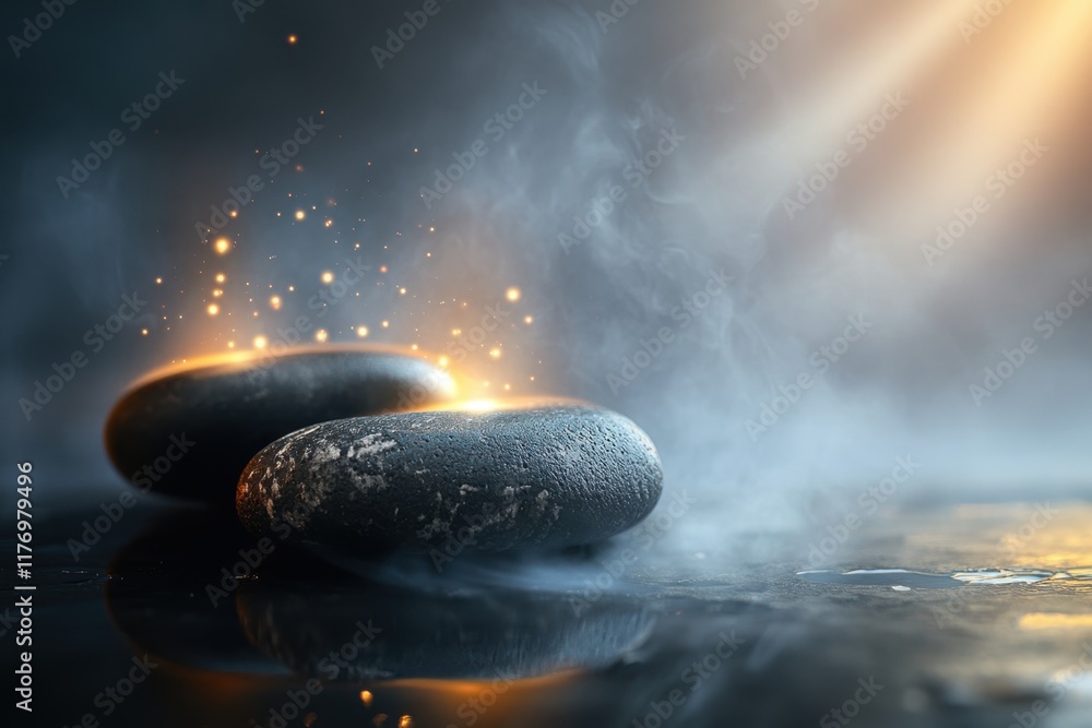 Poster relaxing hot stones resting on a smooth surface with glowing sparks in a tranquil setting