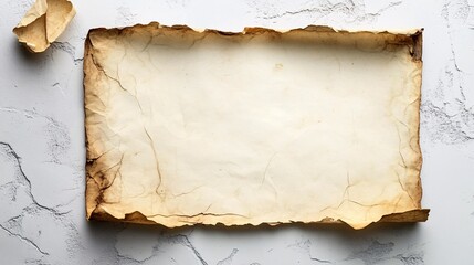Vintage parchment paper with torn edges resting on a textured gray surface