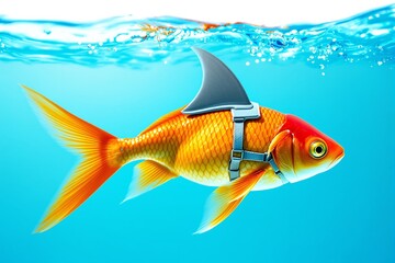 Goldfish with a shark fin strapped on its back swimming in clear blue water.