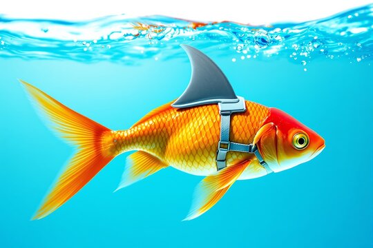 Goldfish with a shark fin strapped on its back swimming in clear blue water.