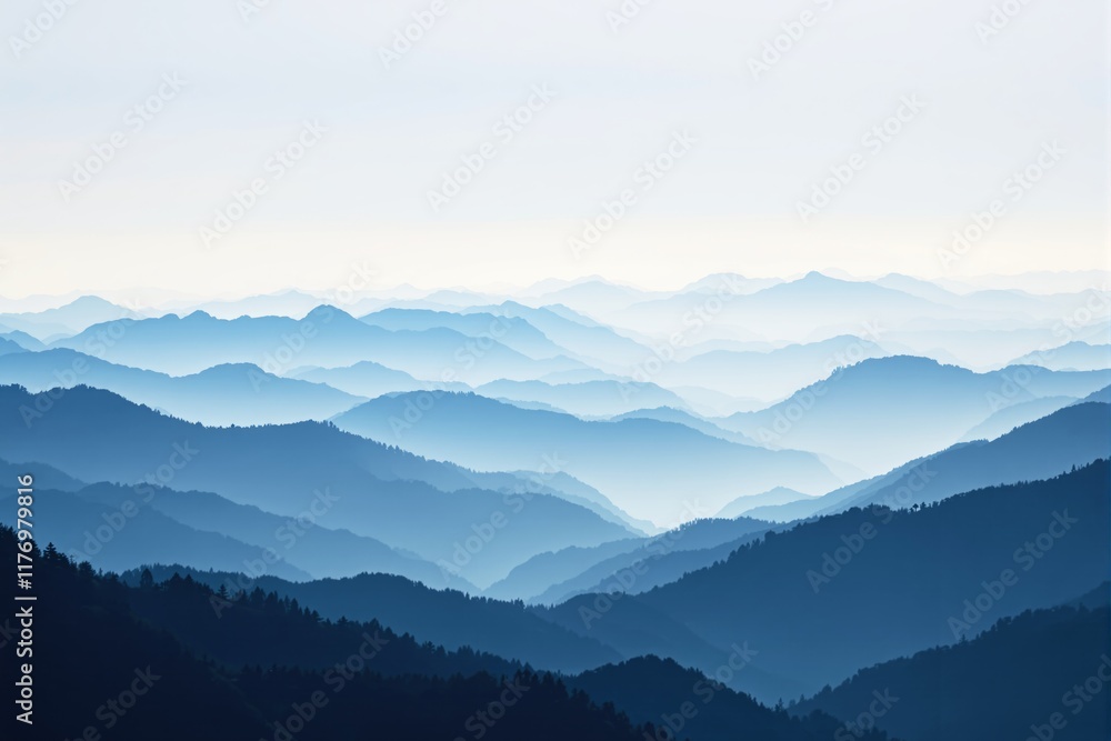 Poster layers of blue mountain silhouettes under soft light background creating a serene and tranquil atmos