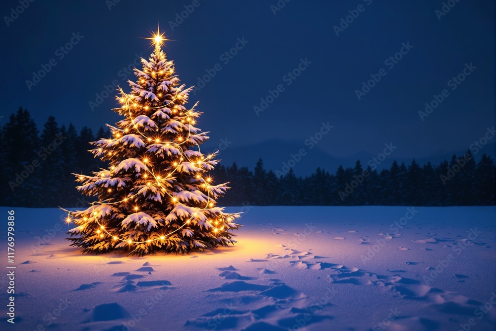 Poster illuminated christmas tree with glowing lights on snowy field at night in forest setting.