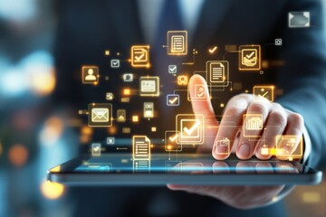 Abstract business concept with a glowing interface of icons and documents on a digital tablet screen.