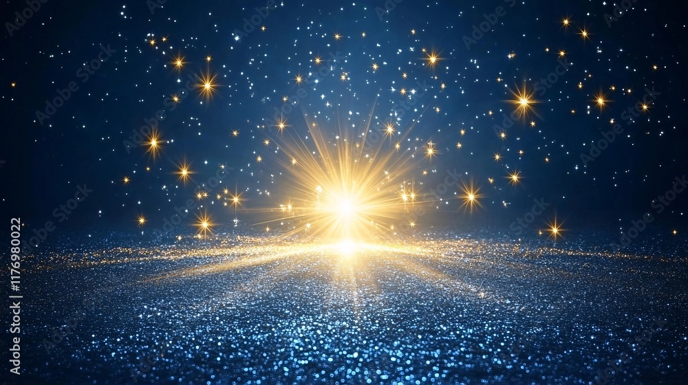 Poster bright explosion of light amidst sparkling particles in a cosmic setting