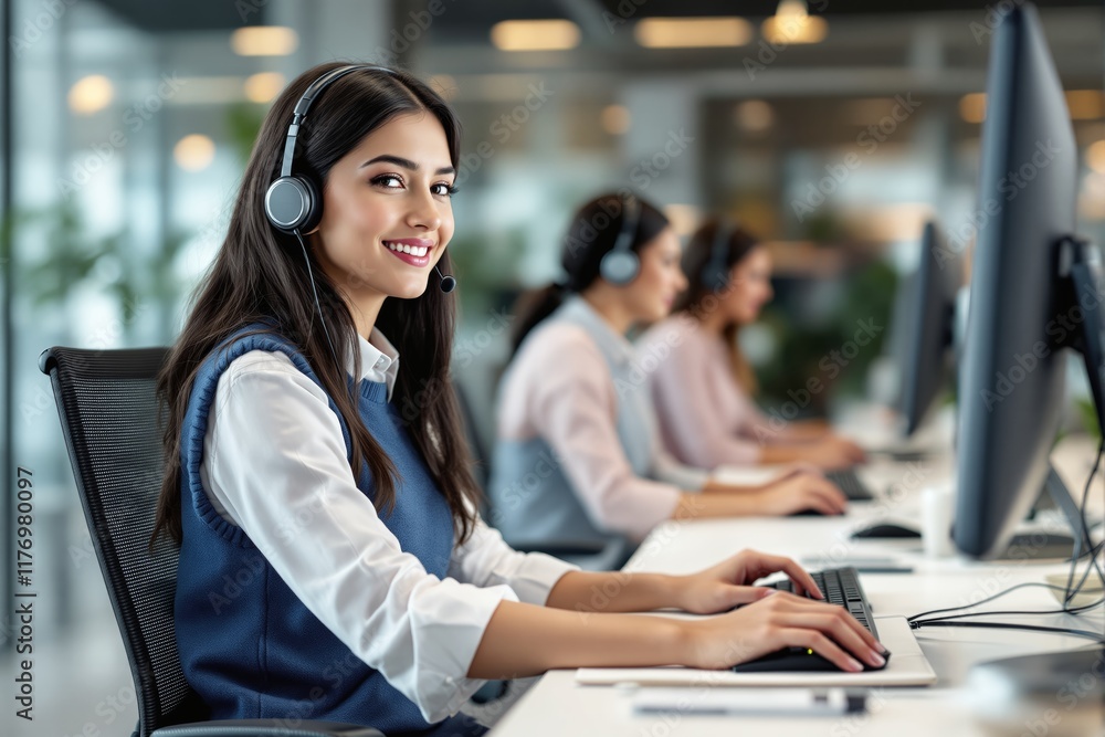 Poster smiling customer service team member working at a computer in a modern office environment.
