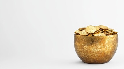 A bowl full of gold coins sits on a white background