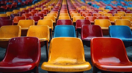 Fototapeta premium A Vibrant Array of Colorful Plastic Chairs in Rows, Showcasing an Eye-Catching Arrangement in a Unique Outdoor Venue