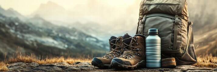 Explore the wilderness with essential backpacking gear including boots and a water bottle. Generative AI