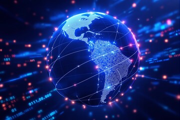 Fototapeta premium Digital globe with network connections and binary code over dark blue background.