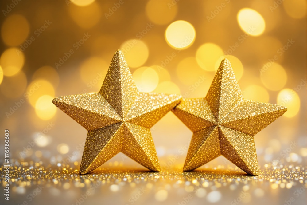 Poster Two golden glittering stars against a bokeh background with warm yellow lights.
