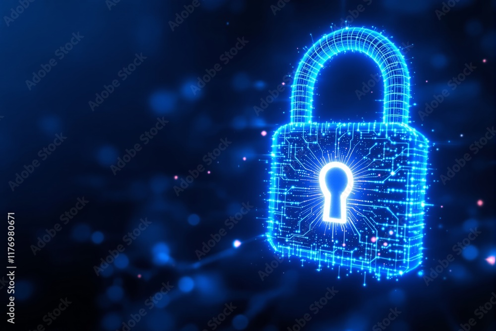 Poster glowing blue digital padlock with circuit-like details on dark background.