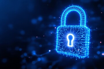 Glowing blue digital padlock with circuit-like details on dark background.