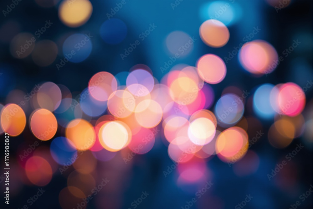 Poster Abstract blurred glowing bokeh lights in blue and warm tones.