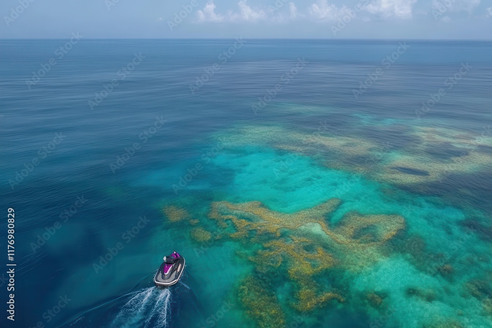 Poster aerial view of a jetski creating patterns on turquoise water in mid afternoon lighting with coral re