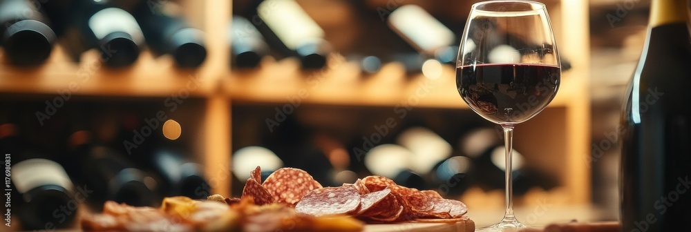 Poster elegant wine cellar with vintage bottles and a charcuterie board inviting a sensory tasting experien