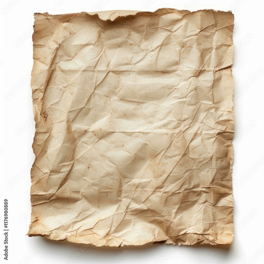 Poster crumpled sheet of aged vintage paper with stained and folded texture, isolated on white background