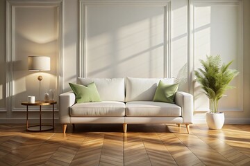 Fototapeta premium Scandinavian Minimalist Living Room: Silhouette of White Sofa on Wooden Parquet Floor