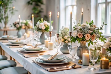 Fototapeta premium Scandinavian Wedding Table Setting: Elegant Minimalist Decor, Plates, Napkins, & Signage
