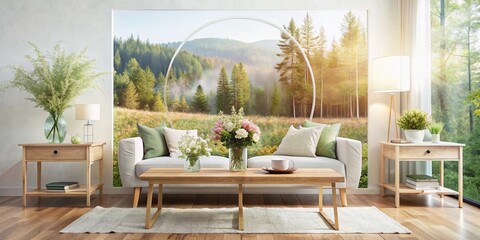 Fototapeta premium Scandinavian Living Room Double Exposure: Wooden Console, Wall Rings, Empty Frame & Flowers