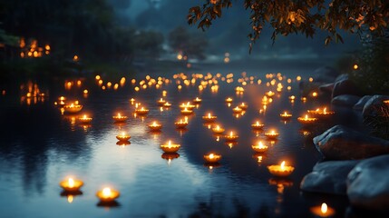 A serene riverbank illuminated by floating diyas creating a mesmerizing reflection and tranquil vibes
