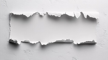 Torn paper revealing blank space against a textured white wall