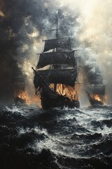 Fototapeta premium Burning ships, stormy sea, dark ominous sky.