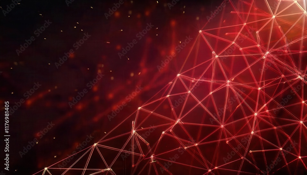 Poster Dynamic Red Network of Illuminated Interconnected Nodes and Lines in Abstract Digital Web Structure for Tech, AI, and Data Concepts