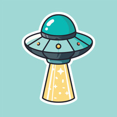 Cartoon UFO with Dome and Beam of Light on Teal Background