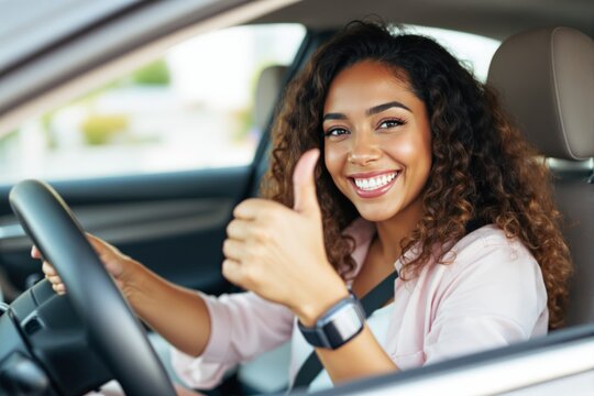 Woman smiling inside car, giving thumbs up, bright interior light, background blurred, cheerful and confident driving concept.