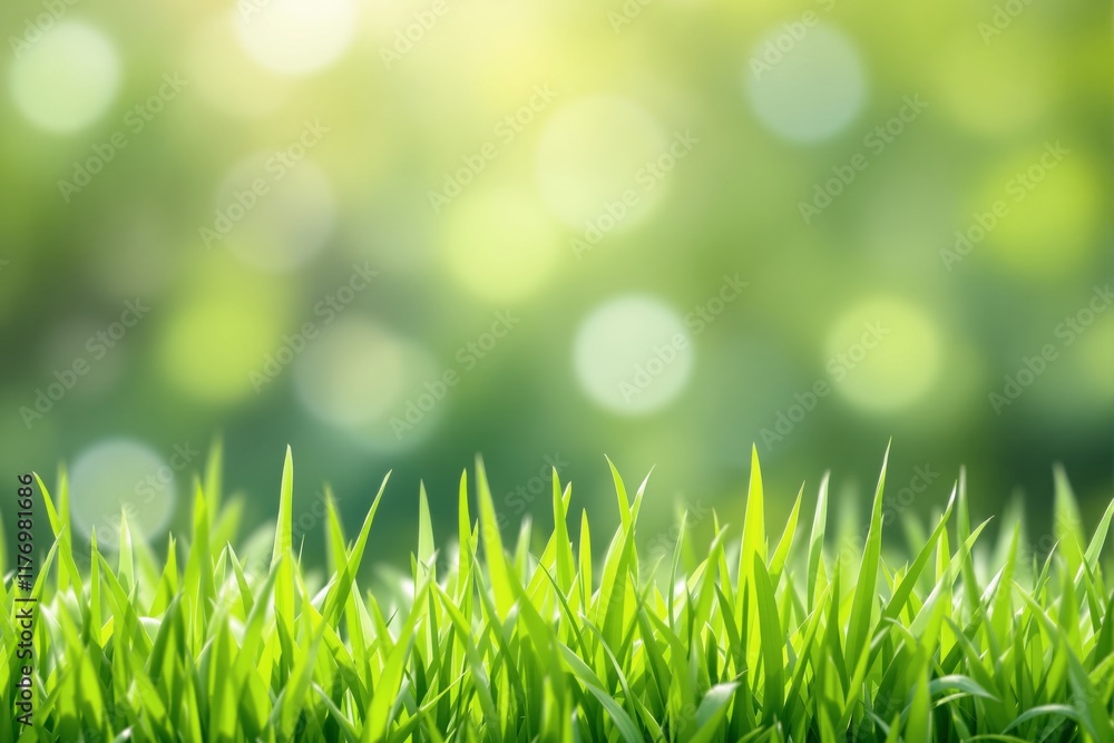 Poster fresh green grass with blurred natural background and soft sunlight.