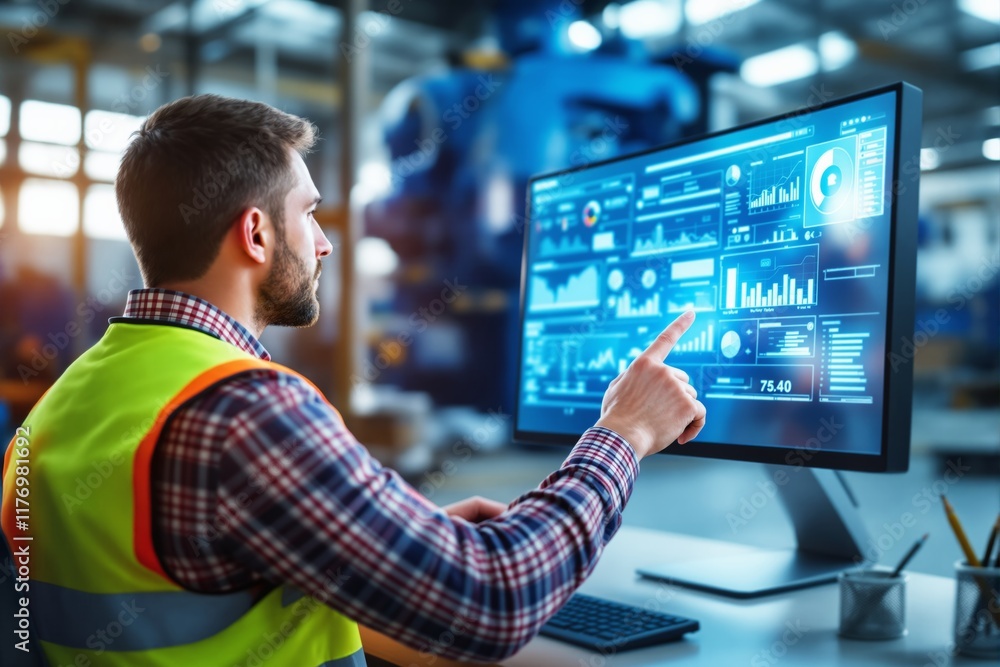 Poster engineer analyzing data on a computer screen in an industrial setting with a modern, light-filled ba