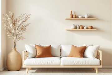 Minimalist beige living room with white sofa, orange cushions, decorative vase, and shelves with pottery on neutral background.