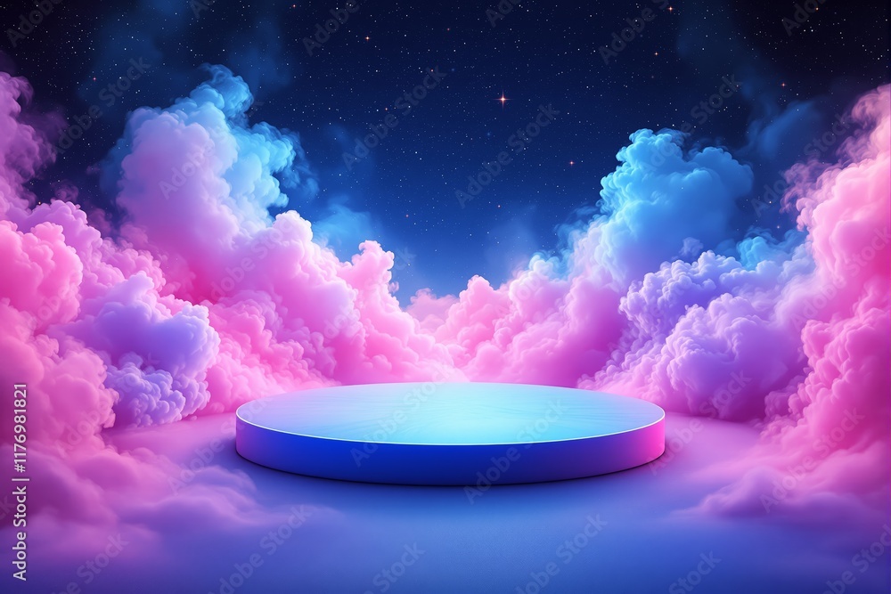 Poster abstract platform with colorful clouds and starry backdrop.