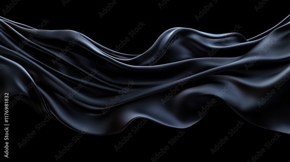 Poster smooth black silk fabric flowing gracefully on a dark background with soft waves and elegant texture