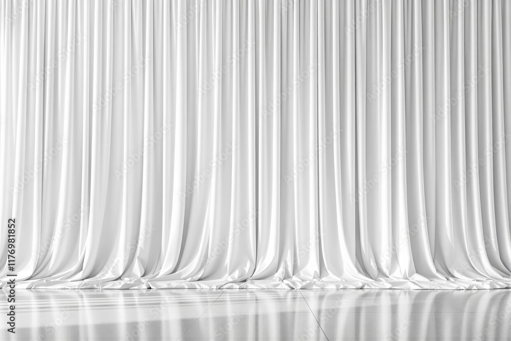 Poster elegant white curtain backdrop with smooth folds and reflections on a glossy floor.
