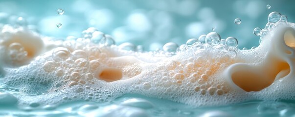 Fototapeta premium Soap suds creating bubbles and foam on turquoise water surface