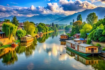 Fototapeta premium Serene Jhelum River in Srinagar, Kashmir, India: Calm Waters & Houseboats