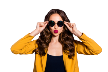 Close-up portrait of her she nice-looking lovely pretty charming cheerful cheery wavy-haired lady touching specs sending kiss isolated over bright vivid shine violet lilac purple background