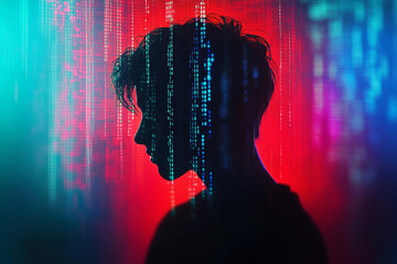 Silhouette Streams and Binary 1s 0s on Vibrant Gradient Background