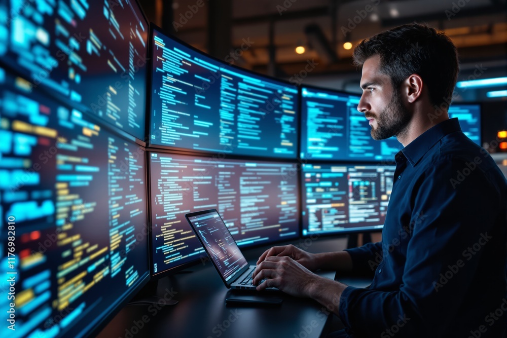 Poster professional working on multiple monitors displaying code in a dimly lit office space.